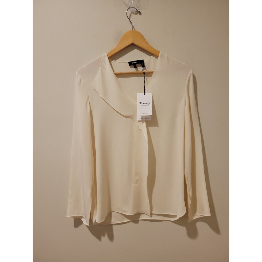 NWT Theory Overlap Top Women’s P/XS Ivory Classic Georgette Long Sleeve Blouse - Picture 2 of 10